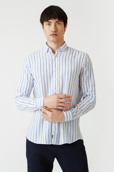 Regular Fit Mavi Çizgili Uzun Kollu Spor Erkek Gömlek - 1
