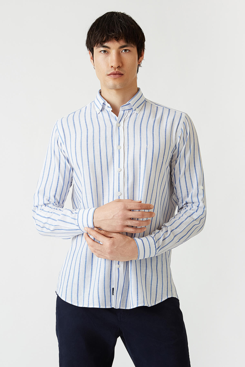 Regular Fit Mavi Çizgili Uzun Kollu Spor Erkek Gömlek - 1