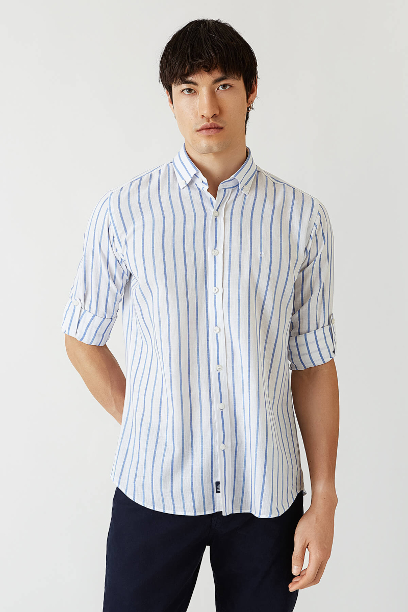 Regular Fit Mavi Çizgili Uzun Kollu Spor Erkek Gömlek - 5