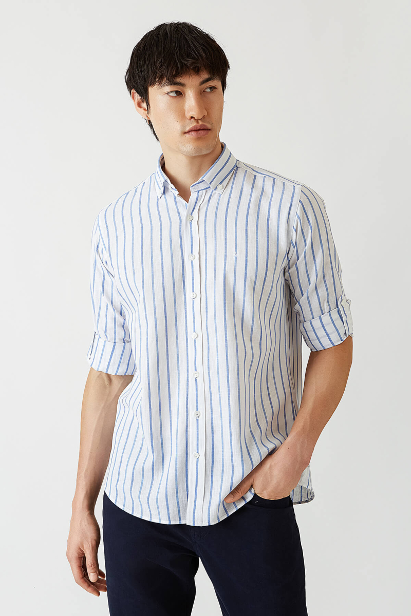 Regular Fit Mavi Çizgili Uzun Kollu Spor Erkek Gömlek - 4