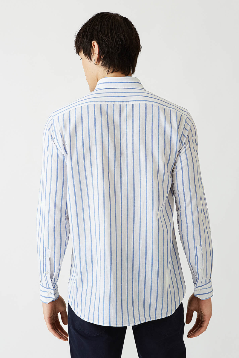 Regular Fit Mavi Çizgili Uzun Kollu Spor Erkek Gömlek - 2