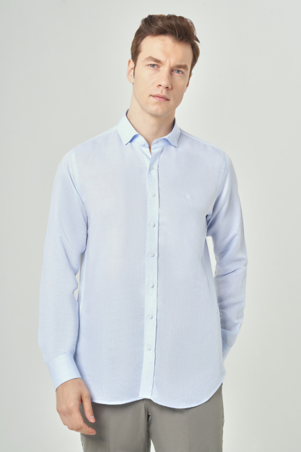 Regular Fit Mavi Gabardin Spor Yaka Uzun Kollu Erkek Gömlek 