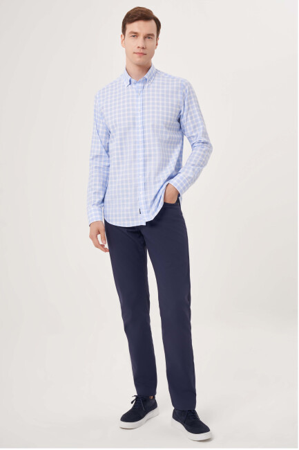 Regular Fit Mavi Kareli Paşa Yaka Spor Erkek Gömlek - 5