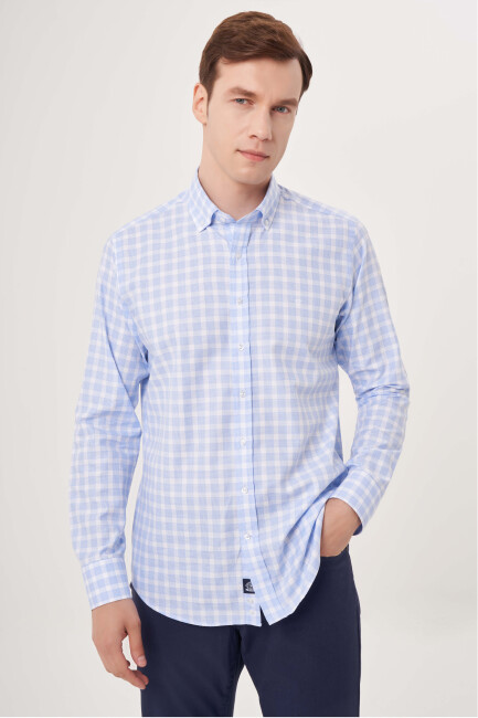 Regular Fit Mavi Kareli Paşa Yaka Spor Erkek Gömlek