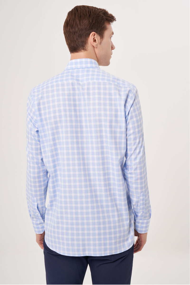 Regular Fit Mavi Kareli Paşa Yaka Spor Erkek Gömlek (1)