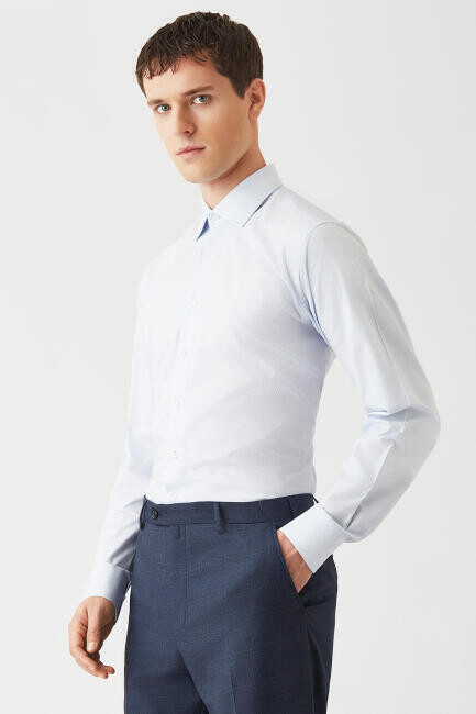 Regular Fit Mavi Klasik C Yaka Uzun Kollu Erkek Gömlek - 3