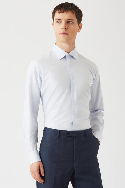 Regular Fit Mavi Klasik C Yaka Uzun Kollu Erkek Gömlek