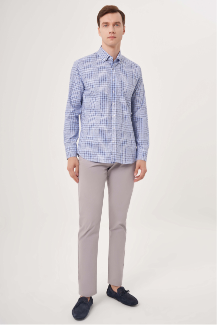 Regular Fit Mavi Paşa Yaka Yazlık Spor Erkek Gömlek - 4