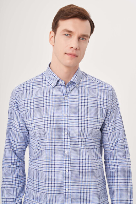 Regular Fit Mavi Paşa Yaka Yazlık Spor Erkek Gömlek - 3