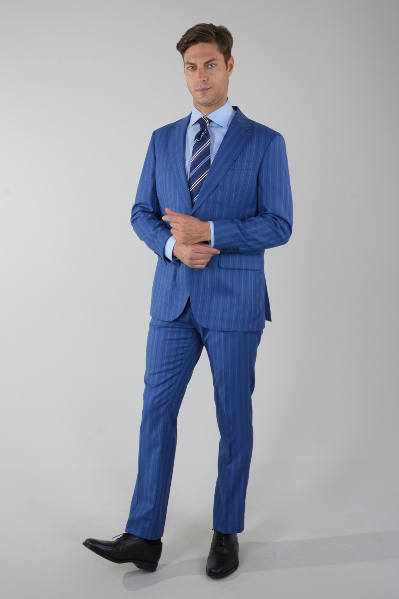 Regular Fit Mono Yaka Çift Yırtmaç 6 Drop Erkek Mavi Takım Elbise