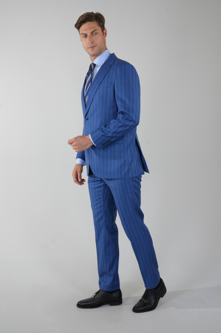 Regular Fit Mono Yaka Çift Yırtmaç 6 Drop Erkek Mavi Takım Elbise - 5