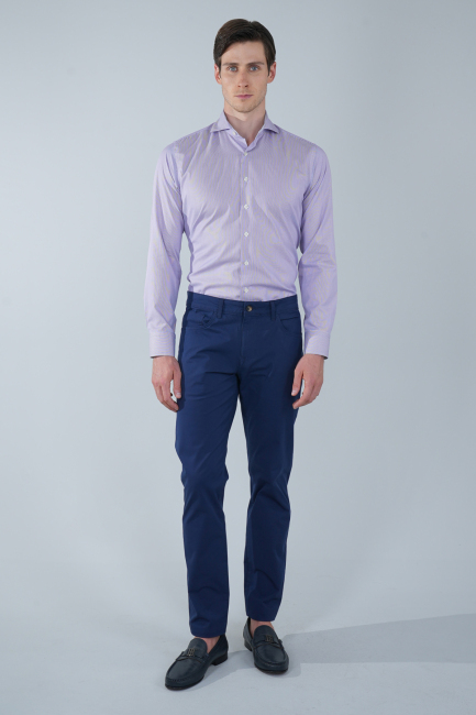 Regular Fit Napoli Yaka Uzun Kol Pamuk Lila Erkek Gömlek - 4