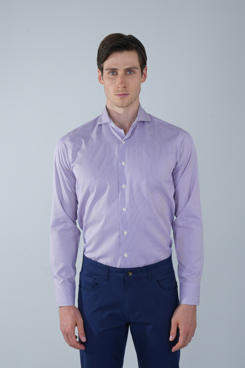 Regular Fit Napoli Yaka Uzun Kol Pamuk Lila Erkek Gömlek