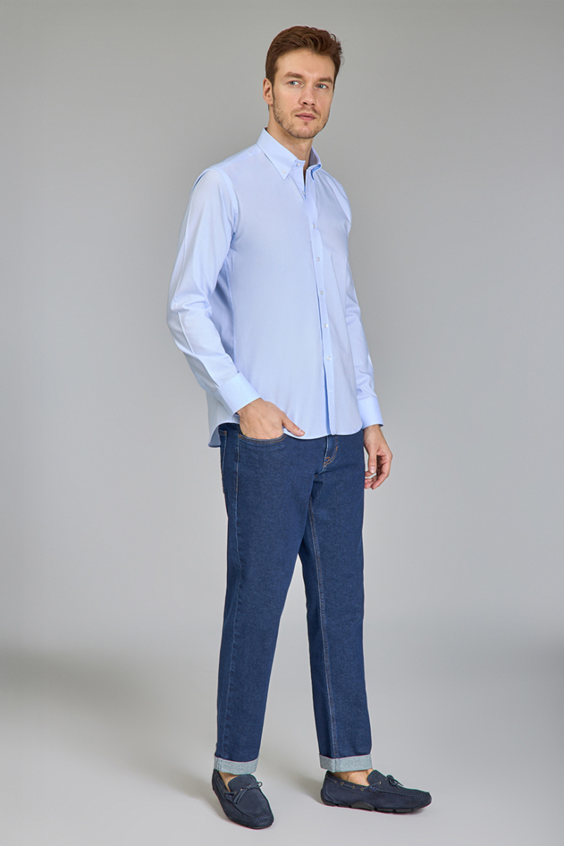 Regular Fit Klasik Yaka Düğmeli Açık Mavi Erkek Gömlek - 2