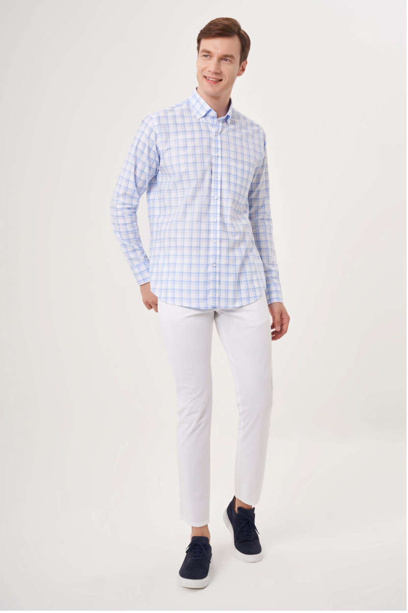 Regular Fit Paşa Yaka Armür Dokulu Mavi Spor Erkek Gömlek - 4