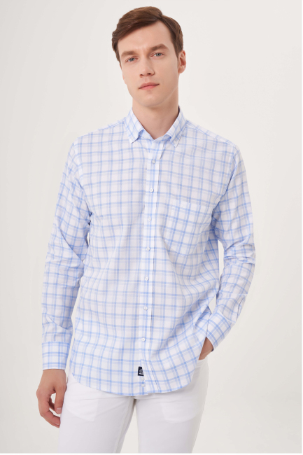 Regular Fit Paşa Yaka Armür Dokulu Mavi Spor Erkek Gömlek - 1