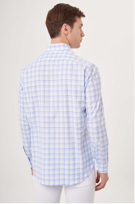 Regular Fit Paşa Yaka Armür Dokulu Mavi Spor Erkek Gömlek (1)