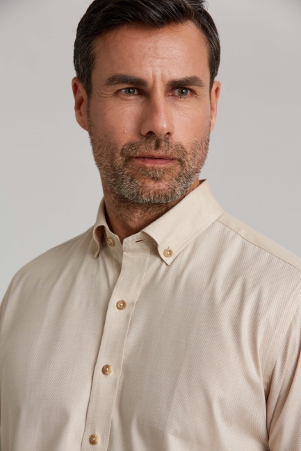 Regular Fit Paşa Yaka Bej Basic Spor Erkek Gömlek - 4