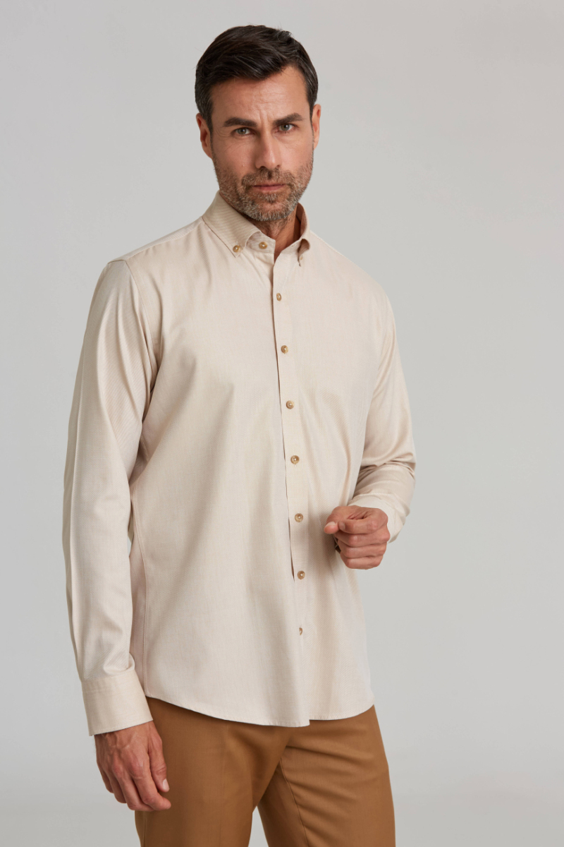 Regular Fit Paşa Yaka Bej Basic Spor Erkek Gömlek