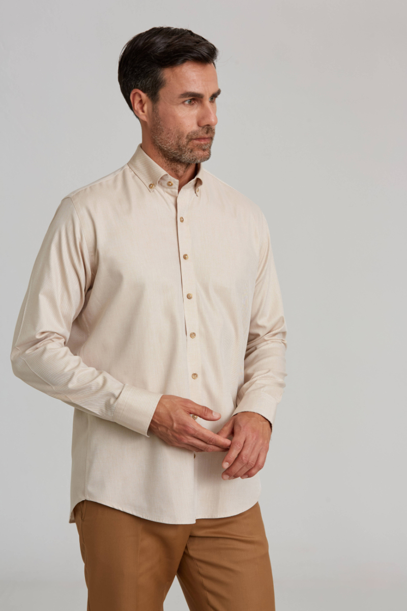 Regular Fit Paşa Yaka Bej Basic Spor Erkek Gömlek - 5