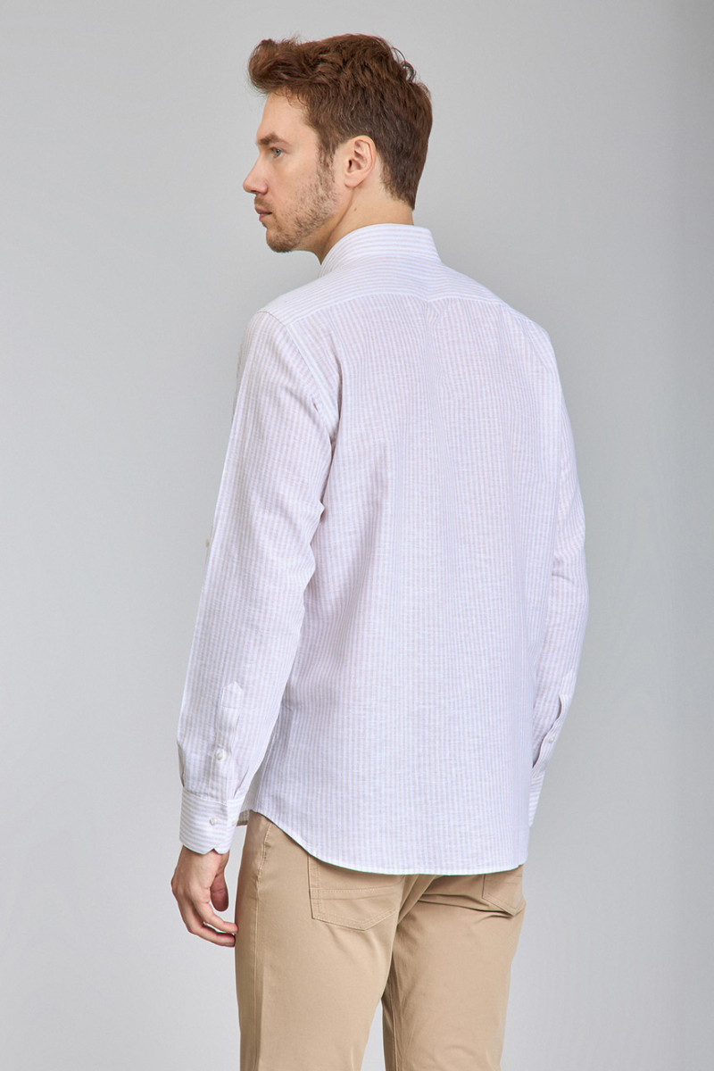 Regular Fit Paşa Yaka Bej Pamuk Keten Erkek Gömlek - 6