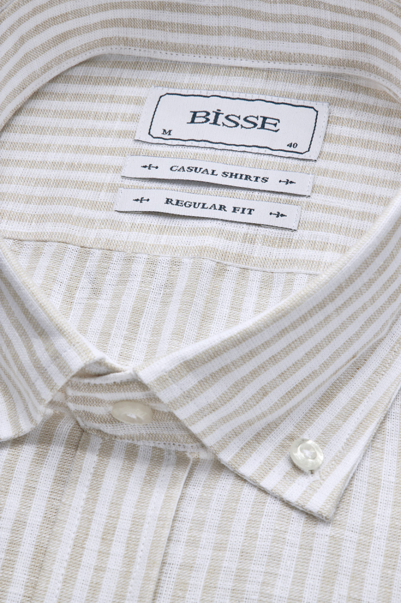 Regular Fit Paşa Yaka Bej Pamuk Keten Erkek Gömlek - 4