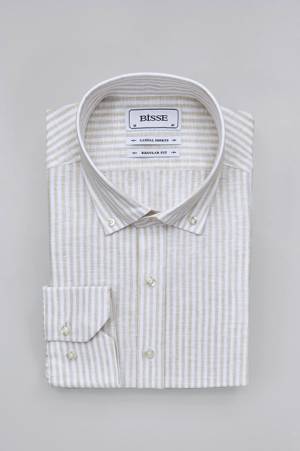 Regular Fit Paşa Yaka Bej Pamuk Keten Erkek Gömlek - 3