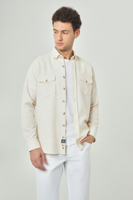 Regular Fit Paşa Yaka Bej Spor Erkek Gömlek 