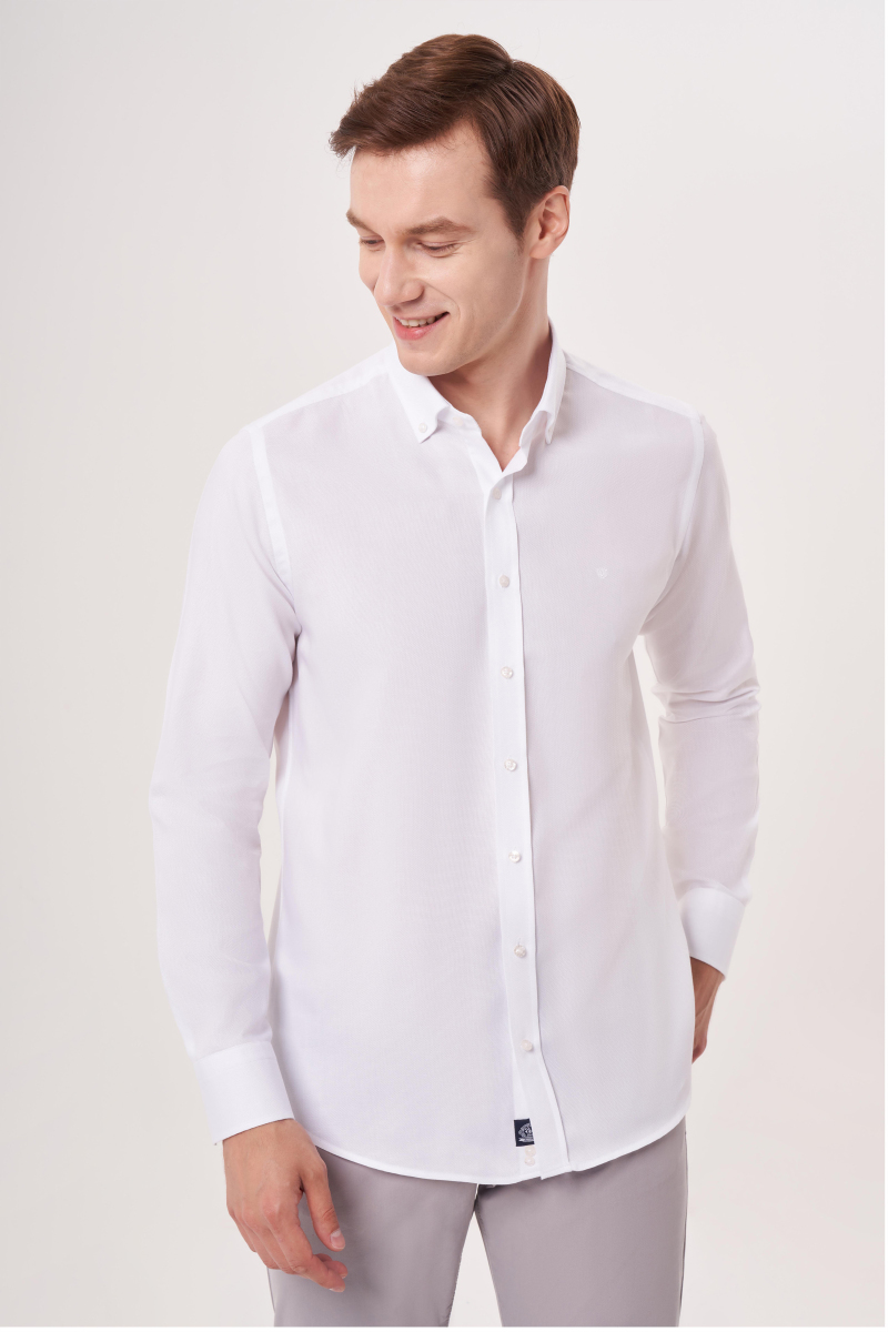 Regular Fit Paşa Yaka Beyaz Erkek Gömlek - 4