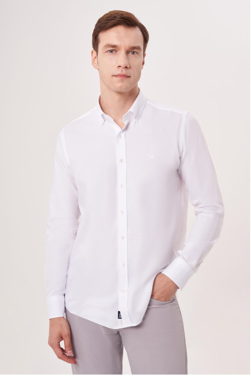 Regular Fit Paşa Yaka Beyaz Erkek Gömlek