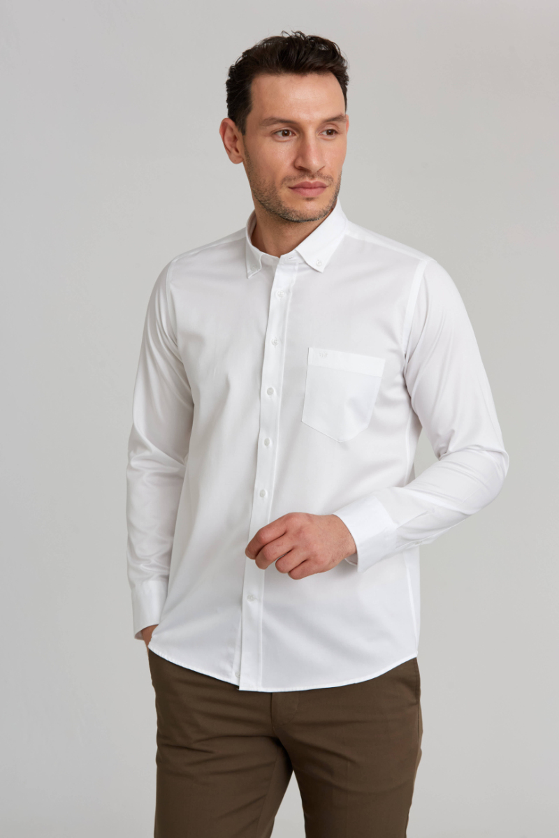 Regular Fit Paşa Yaka Beyaz Spor Basic Erkek Gömlek