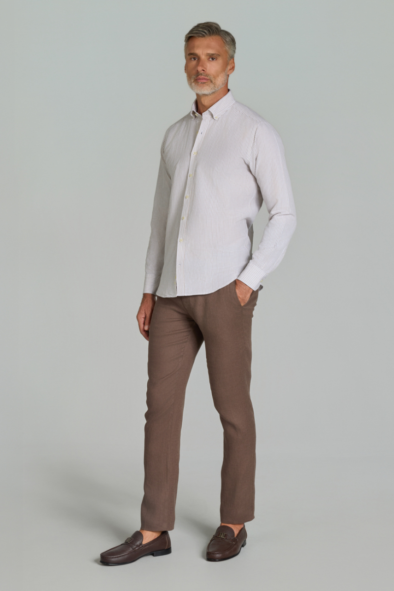 Regular Fit Paşa Yaka Cepsiz Açık Kahve Erkek Gömlek - 3