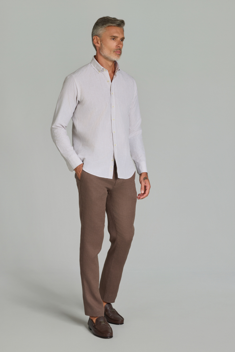 Regular Fit Paşa Yaka Cepsiz Açık Kahve Erkek Gömlek - 4