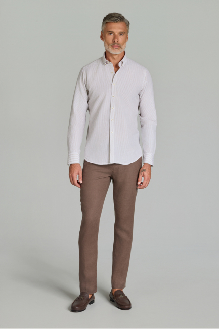 Regular Fit Paşa Yaka Cepsiz Açık Kahve Erkek Gömlek - 1