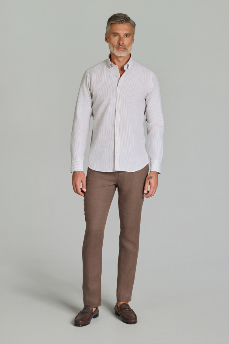 Regular Fit Paşa Yaka Cepsiz Açık Kahve Erkek Gömlek