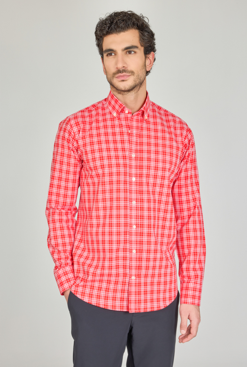 Regular Fit Paşa Yaka Cepsiz Kırmızı Pamuk Erkek Gömlek