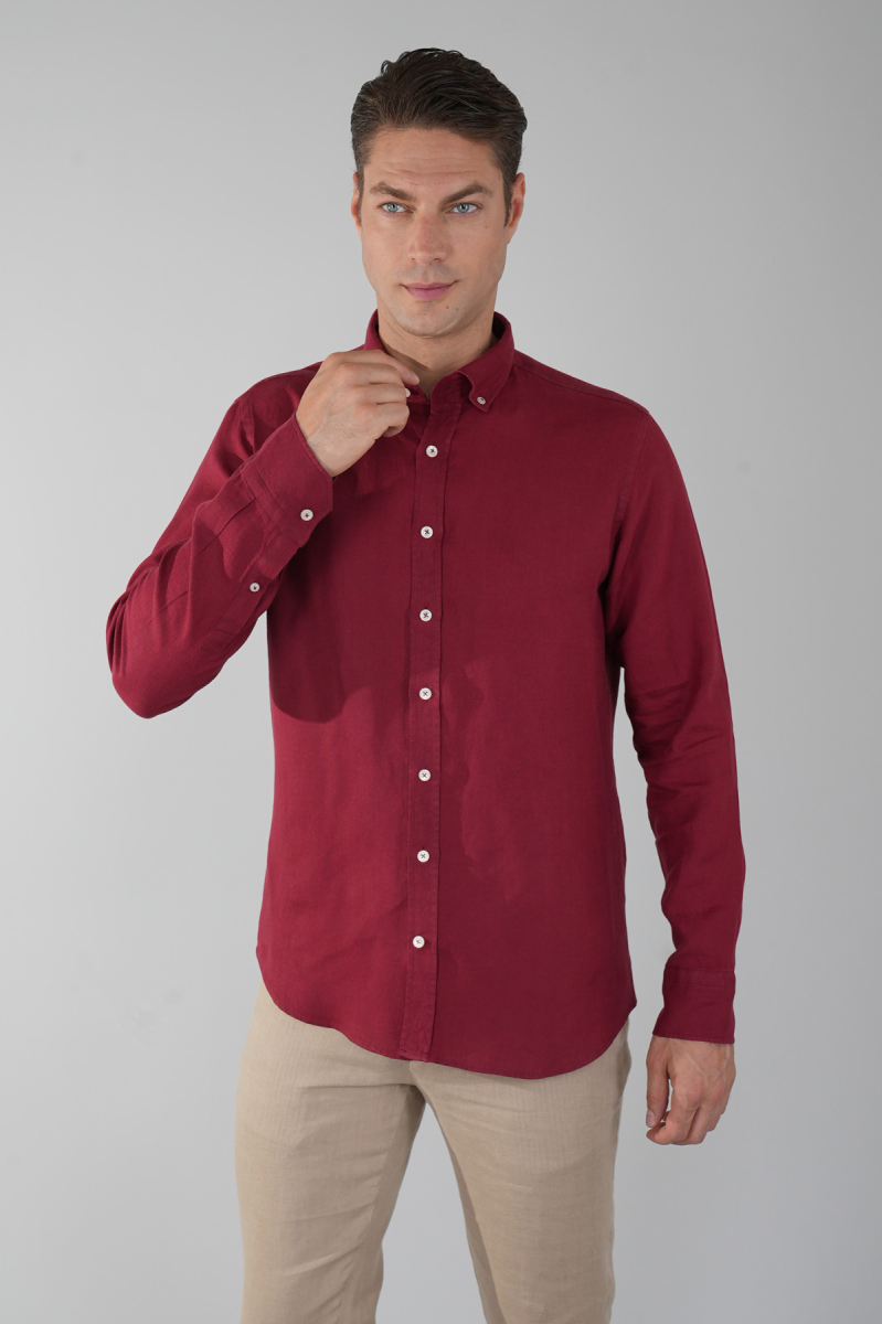 Regular Fit Paşa Yaka Cepsiz Sedef Düğmeli Bordo Erkek Gömlek