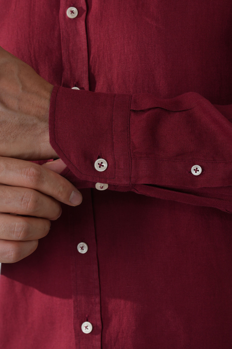 Regular Fit Paşa Yaka Cepsiz Sedef Düğmeli Bordo Erkek Gömlek - 4