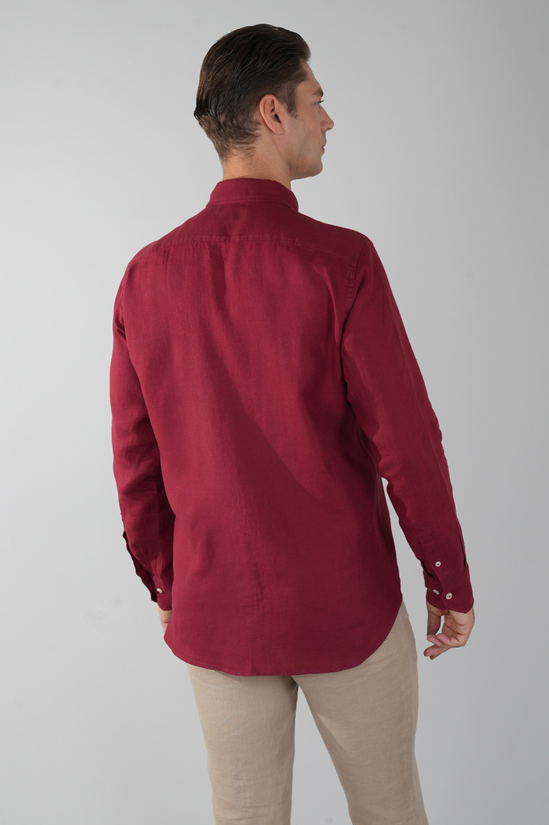 Regular Fit Paşa Yaka Cepsiz Sedef Düğmeli Bordo Erkek Gömlek (1)