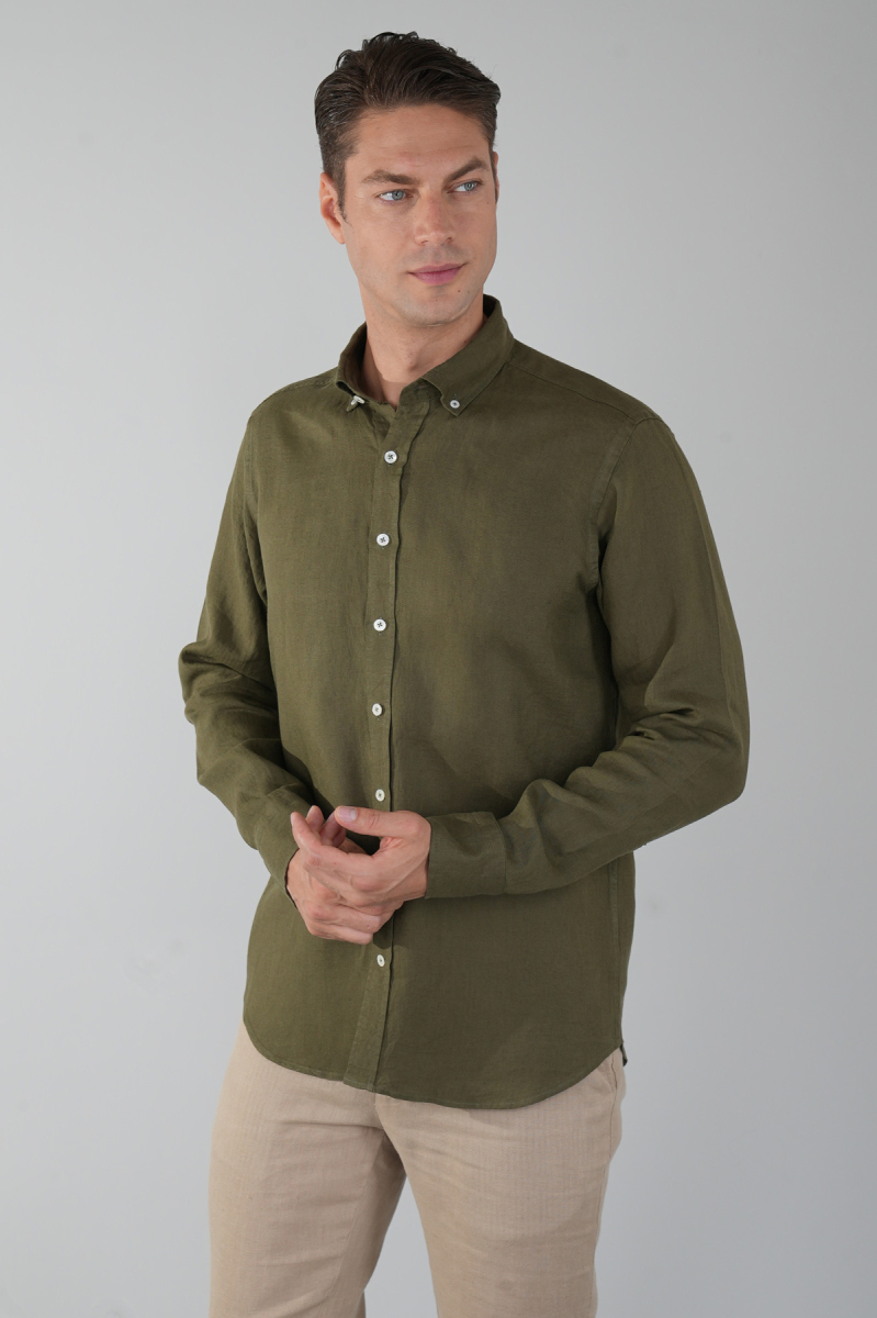 Regular Fit Paşa Yaka Cepsiz Sedef Düğmeli Haki Erkek Gömlek
