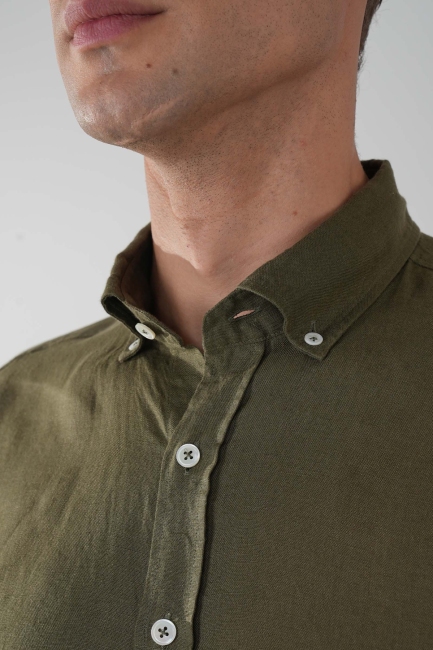 Regular Fit Paşa Yaka Cepsiz Sedef Düğmeli Haki Erkek Gömlek - 3