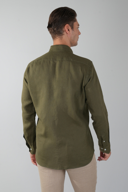 Regular Fit Paşa Yaka Cepsiz Sedef Düğmeli Haki Erkek Gömlek - 2