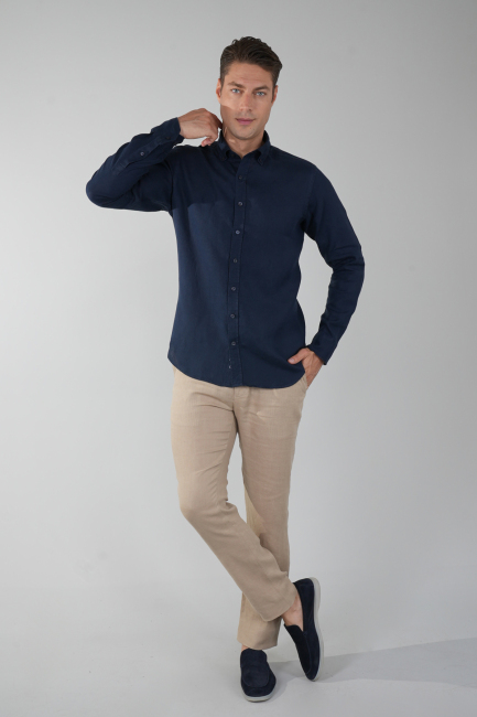 Regular Fit Paşa Yaka Cepsiz Sedef Düğmeli Lacivert Erkek Gömlek - 5