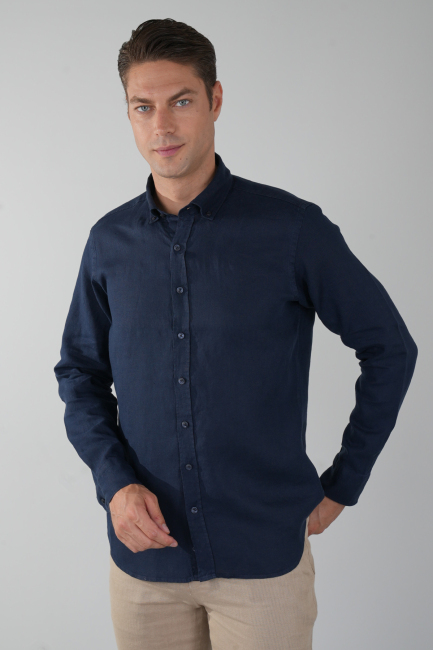 Regular Fit Paşa Yaka Cepsiz Sedef Düğmeli Lacivert Erkek Gömlek 