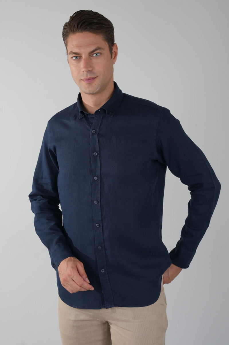 Regular Fit Paşa Yaka Cepsiz Sedef Düğmeli Lacivert Erkek Gömlek