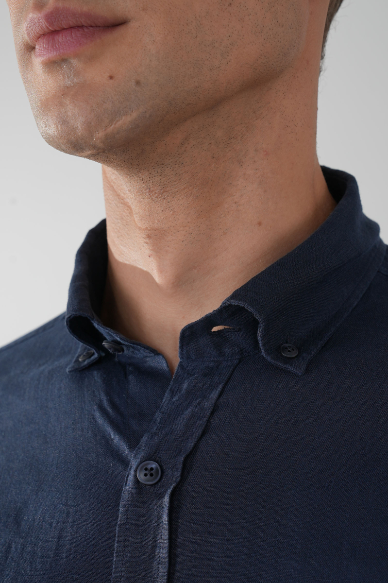 Regular Fit Paşa Yaka Cepsiz Sedef Düğmeli Lacivert Erkek Gömlek - 3