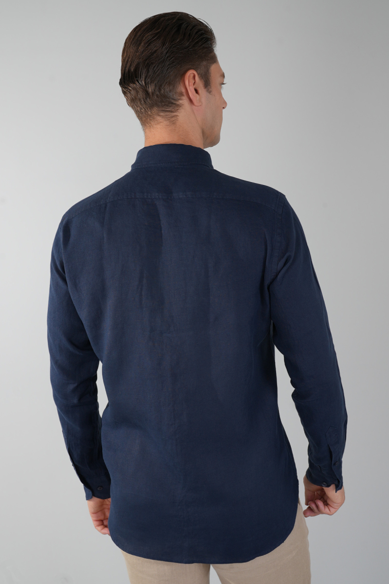 Regular Fit Paşa Yaka Cepsiz Sedef Düğmeli Lacivert Erkek Gömlek (1)