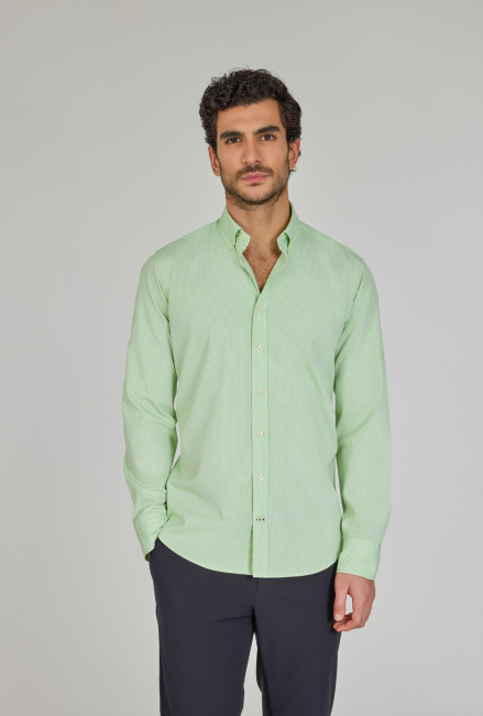 Regular Fit Paşa Yaka Cepsiz Yeşil Pamuk Erkek Gömlek