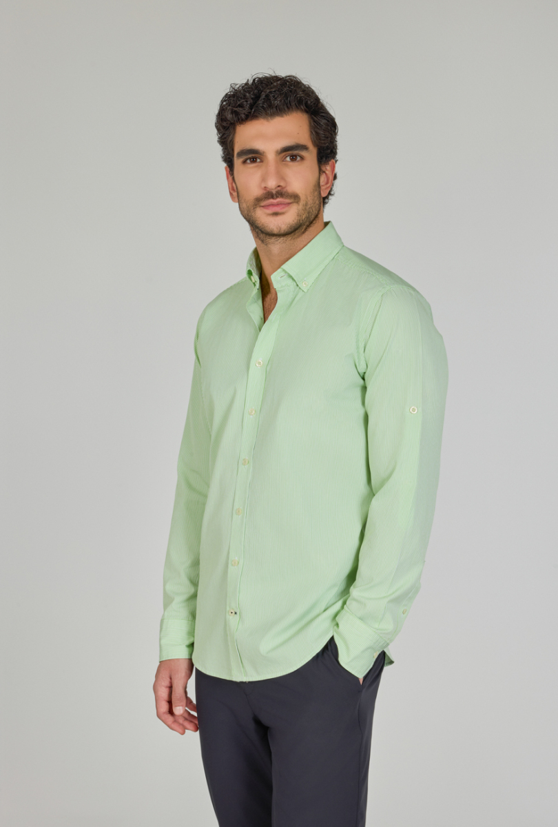 Regular Fit Paşa Yaka Cepsiz Yeşil Pamuk Erkek Gömlek (1)