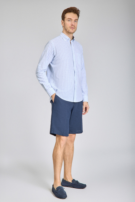 Regular Fit Paşa Yaka Çizgili Açık Mavi Pamuk Keten Erkek Gömlek (1)